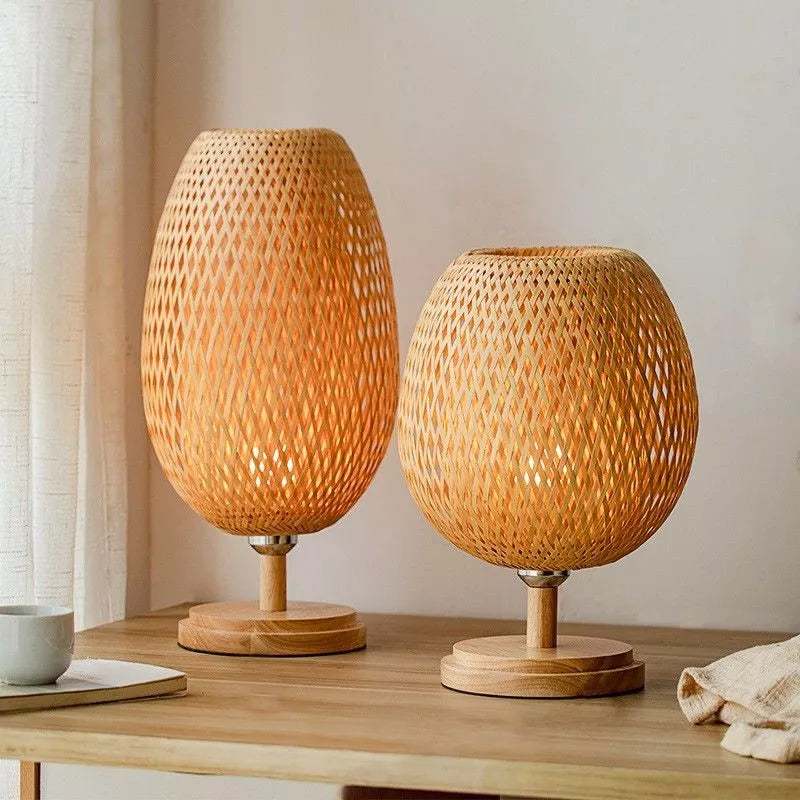 Luminária de Mesa Bambu Rattan Estilo Boho para Cabeceira e Sala