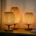 Luminária de Mesa Bambu Rattan Estilo Boho para Cabeceira e Sala