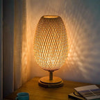 Luminária de Mesa Bambu Rattan Estilo Boho para Cabeceira e Sala