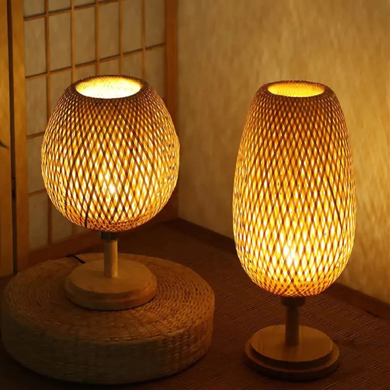 Luminária de Mesa Bambu Rattan Estilo Boho para Cabeceira e Sala
