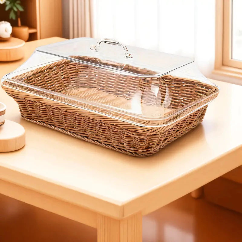 Cesta de Pão em Vime com Tampa Transparente Premium para Frutas e Pães
