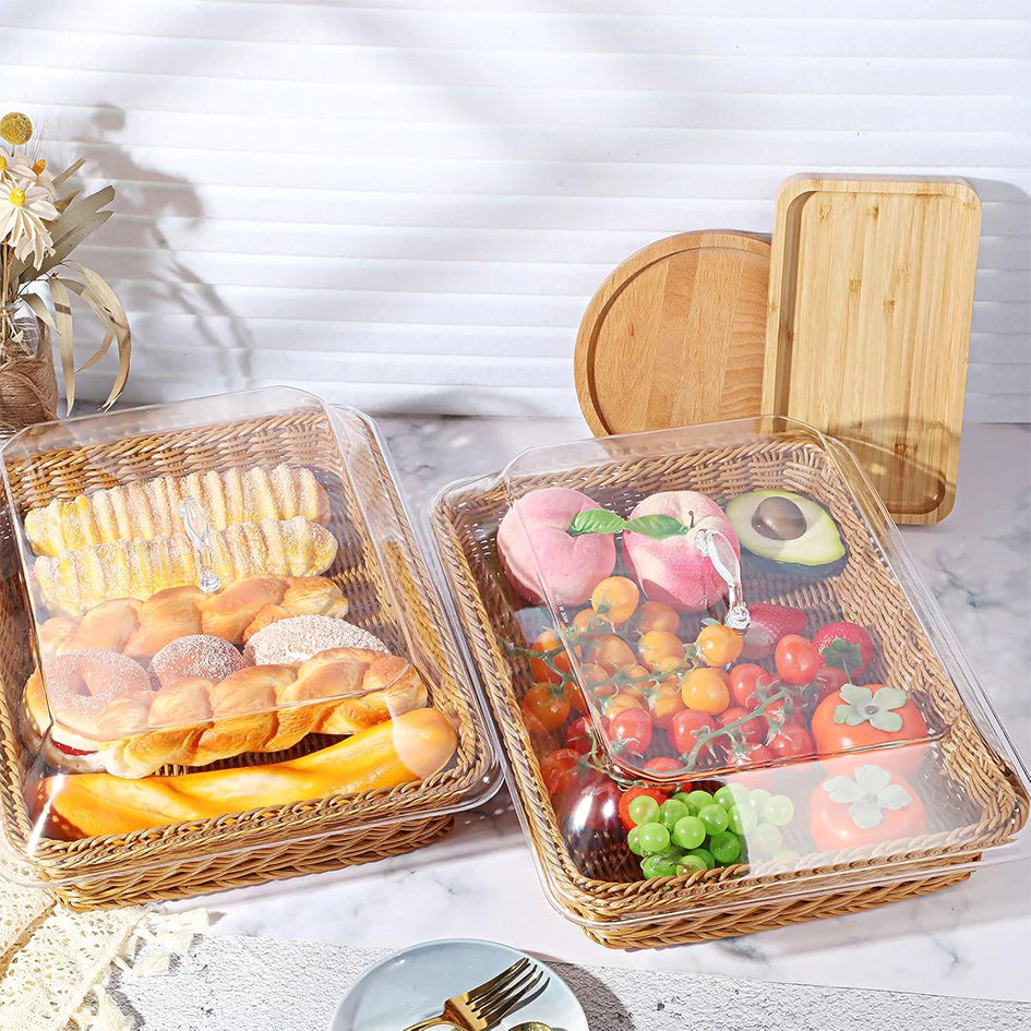 Cesta de Pão em Vime com Tampa Transparente Premium para Frutas e Pães