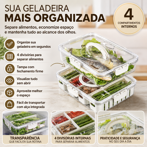 Caixa Organizadora de Alimentos Transparente com Divisórias e Tampa
