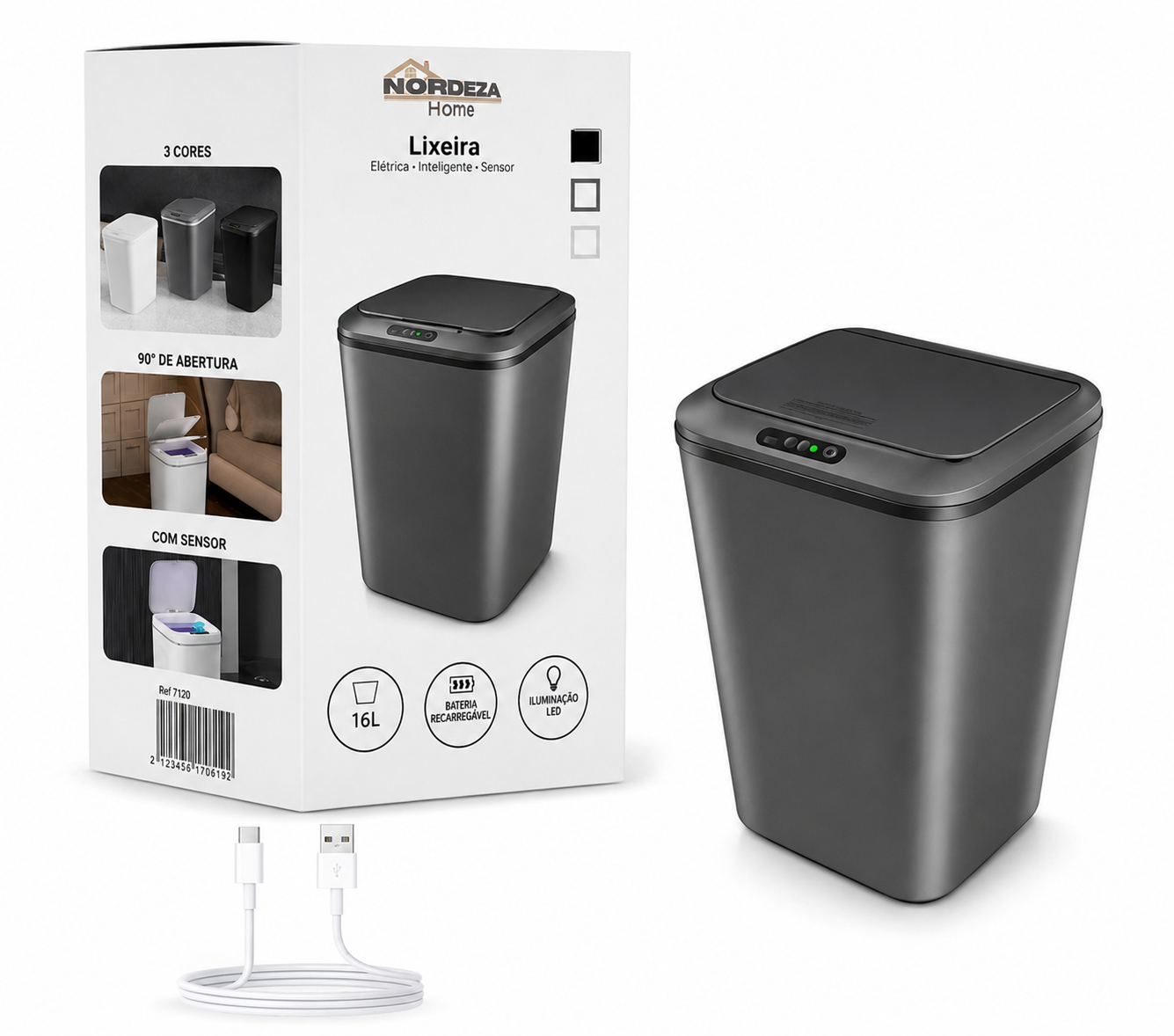 Lixeira Automática 16L com Sensor de Movimento Sem Toque Anti Odor-USB Recarregável