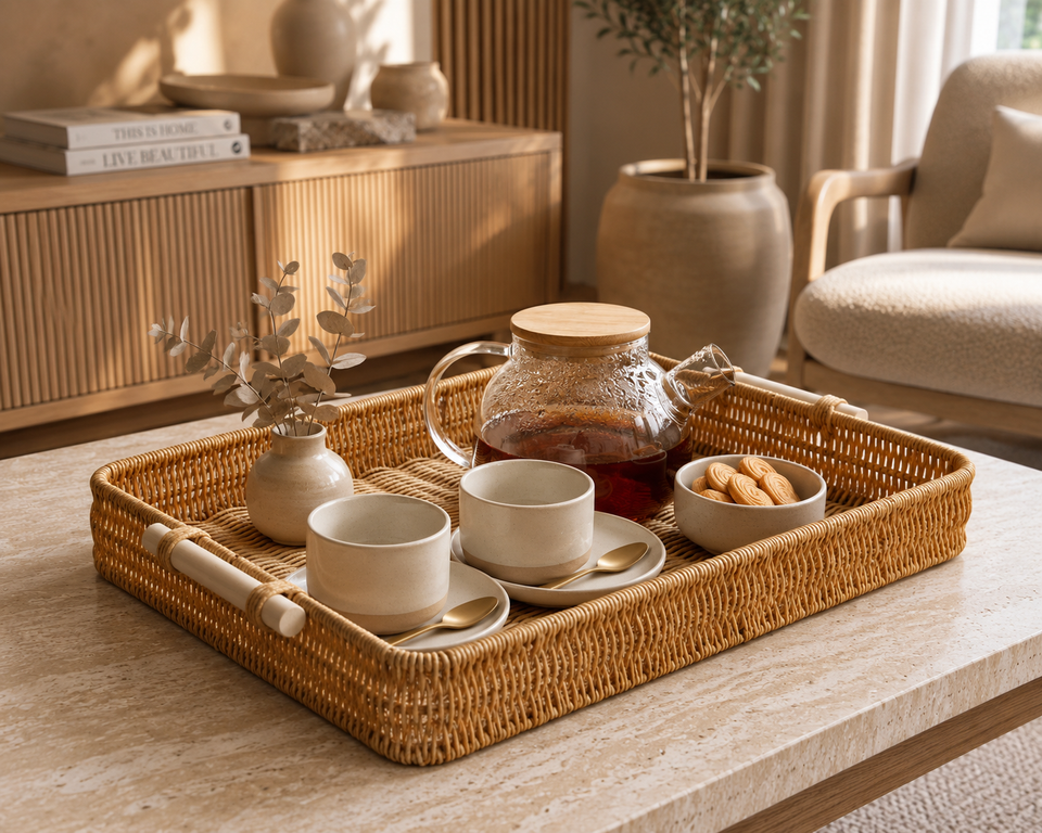 Bandeja de Rattan Elegance para Café da Manhã