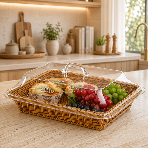 Cesta de Pão em Vime com Tampa Transparente Premium para Frutas e Pães