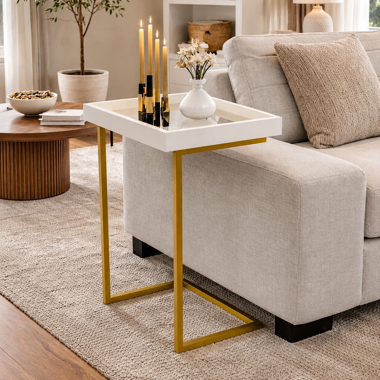 Mesa Lateral de Apoio para Sofá com Tampo Espelhado e Pés de Ferro