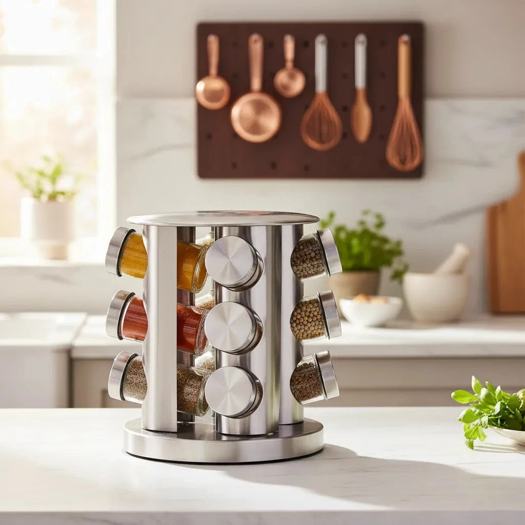 Porta Temperos e Condimentos Inox Giratório 360º 12 Potes de Vidro