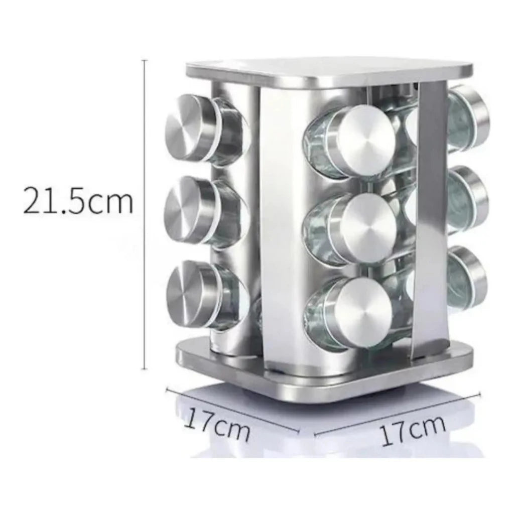 Porta Temperos e Condimentos Inox Giratório 360º 12 Potes de Vidro