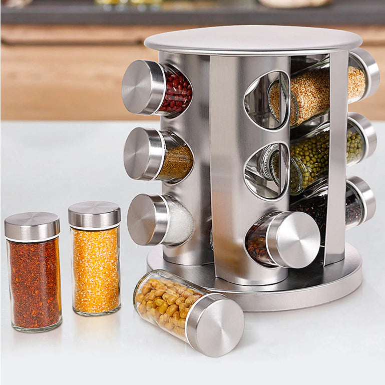 Porta Temperos e Condimentos Inox Giratório 360º 12 Potes de Vidro