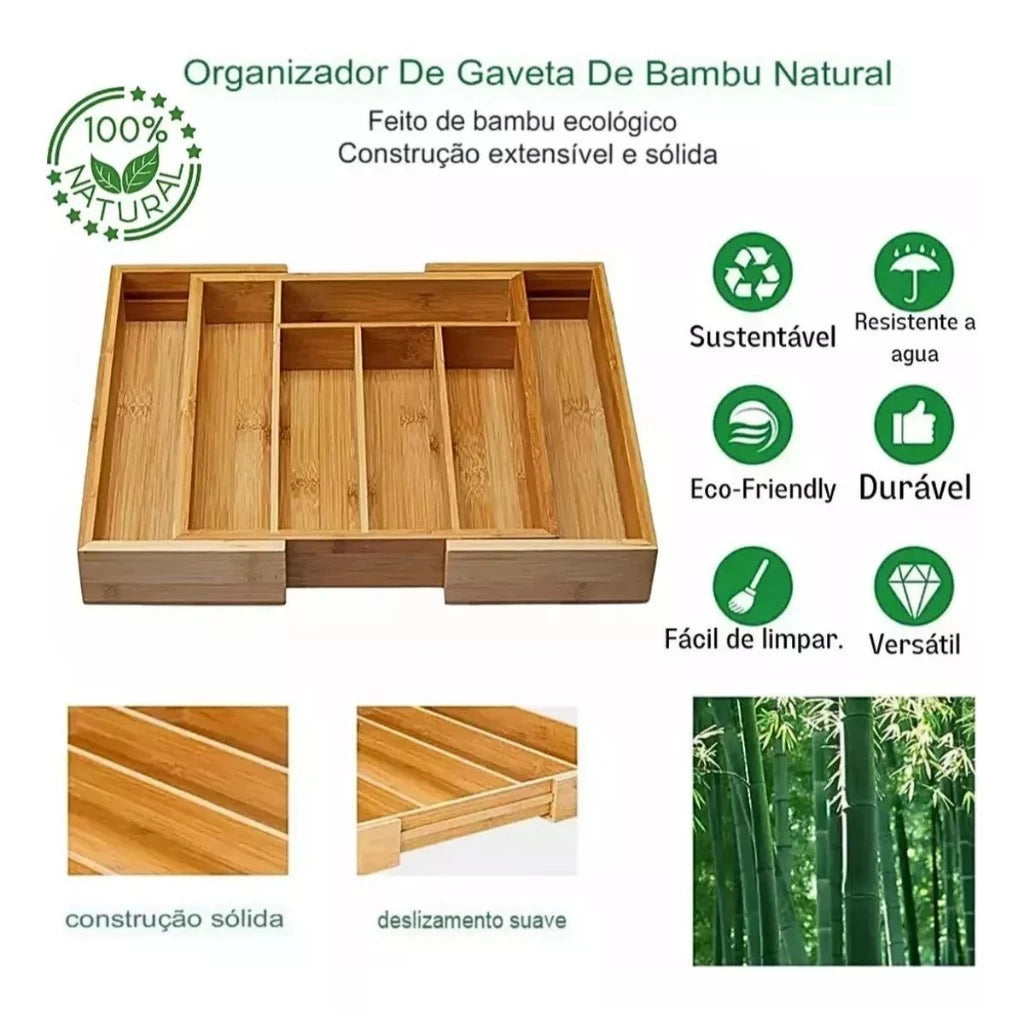 Porta Talheres Bambu Ajustável Antibacteriano Antiodor