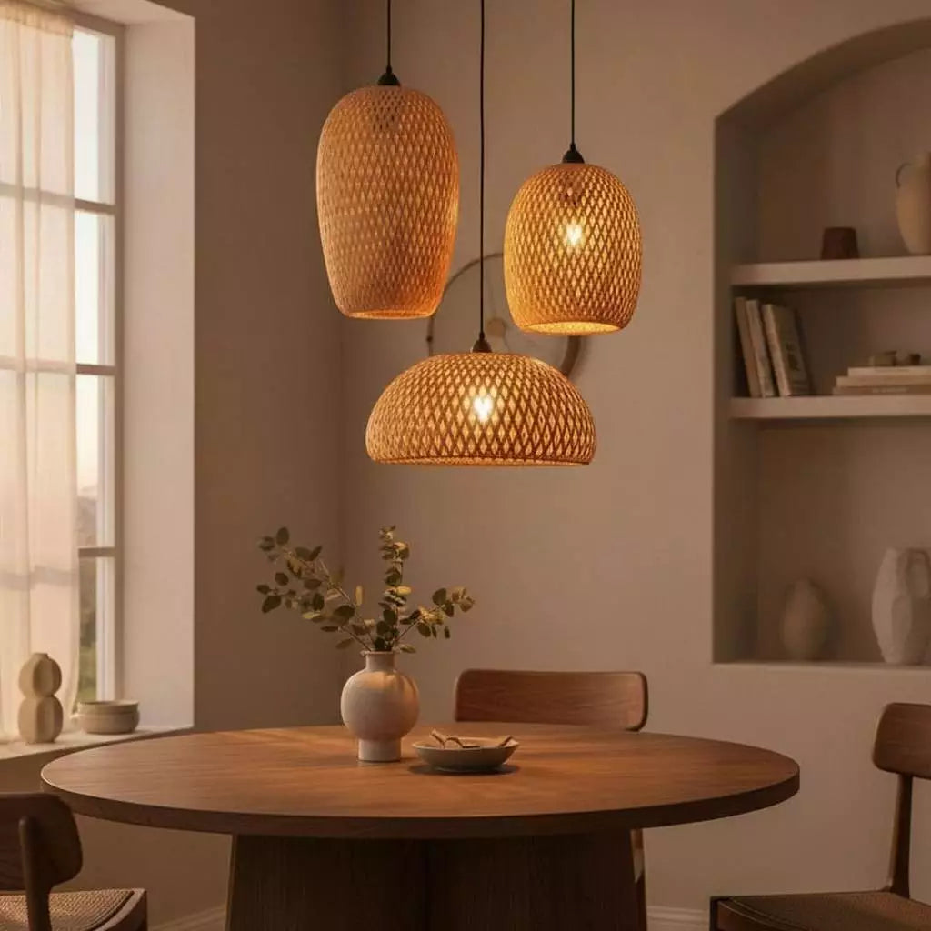 Kit 3 Lustres Pendente Bambu Rattan Artesanal Decorativo