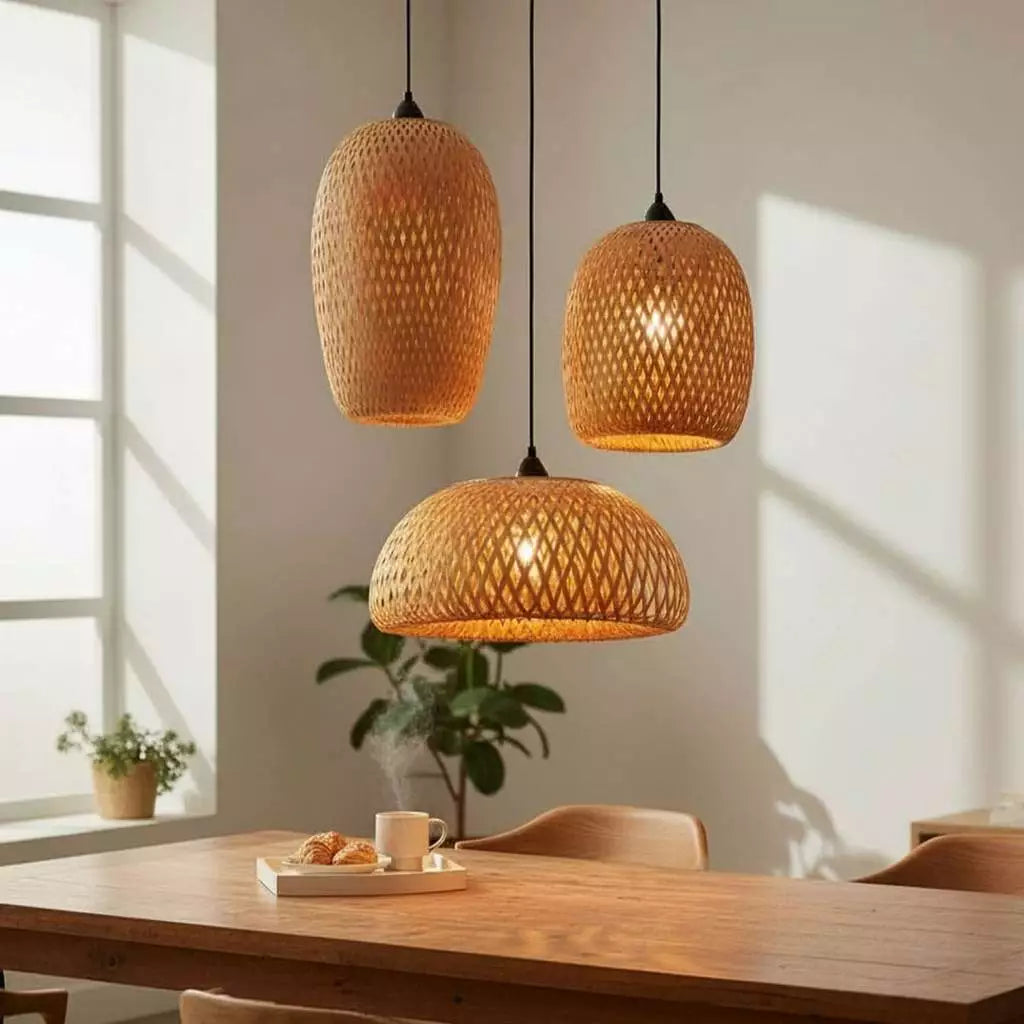 Kit 3 Lustres Pendente Bambu Rattan Artesanal Decorativo