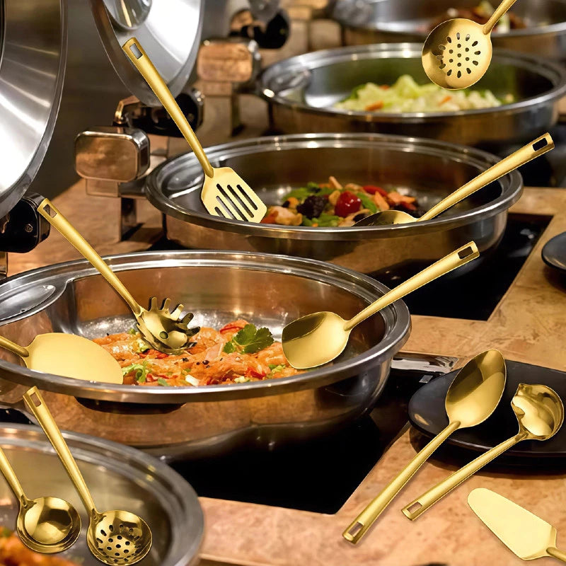 Kit Utensílios de Cozinha 11 Peças em Aço Inox Dourado Premium