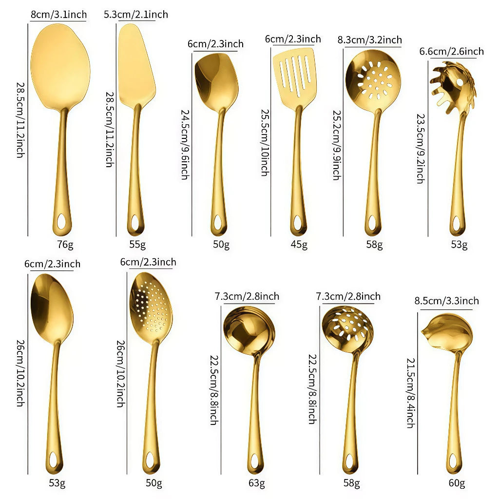 Kit Utensílios de Cozinha 11 Peças em Aço Inox Dourado Premium