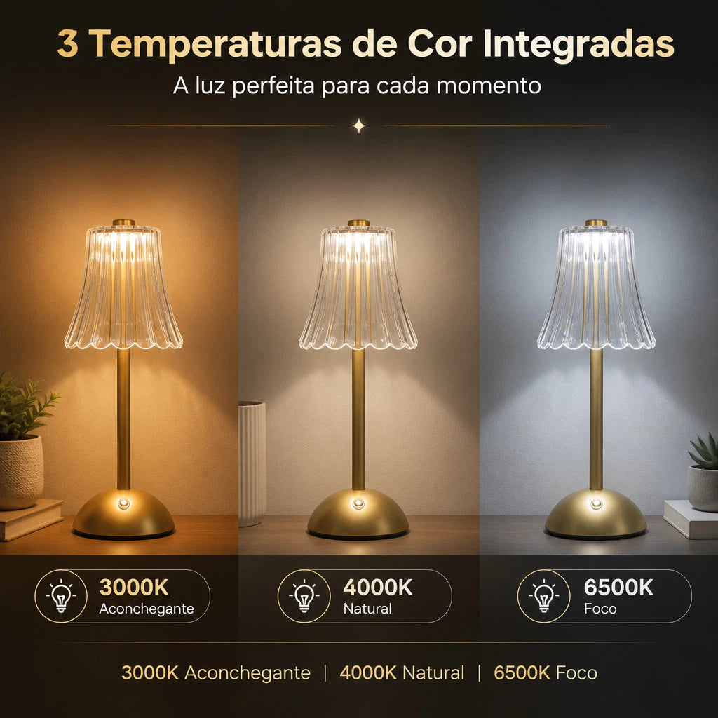 Luminária de Mesa LED Touch Sem Fio 3 Cores Recarregável USB