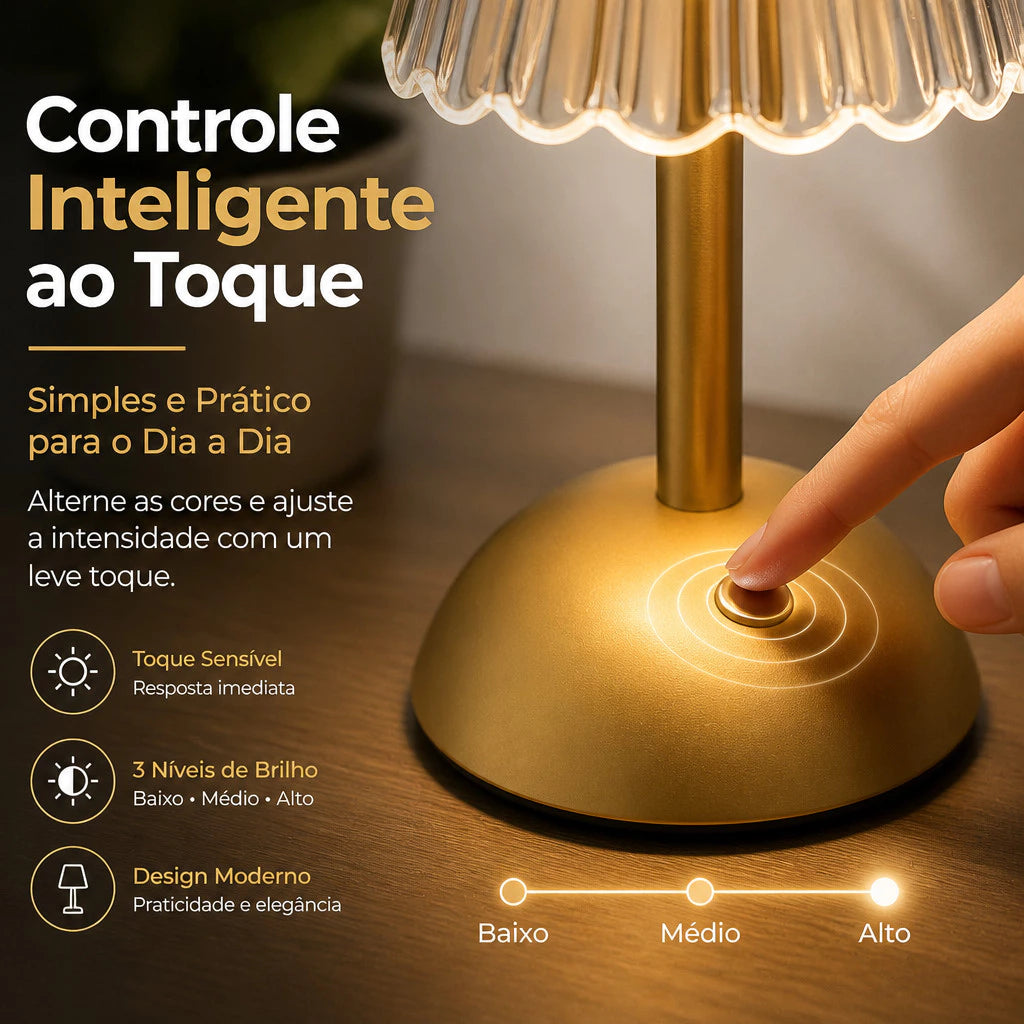 Luminária de Mesa LED Touch Sem Fio 3 Cores Recarregável USB